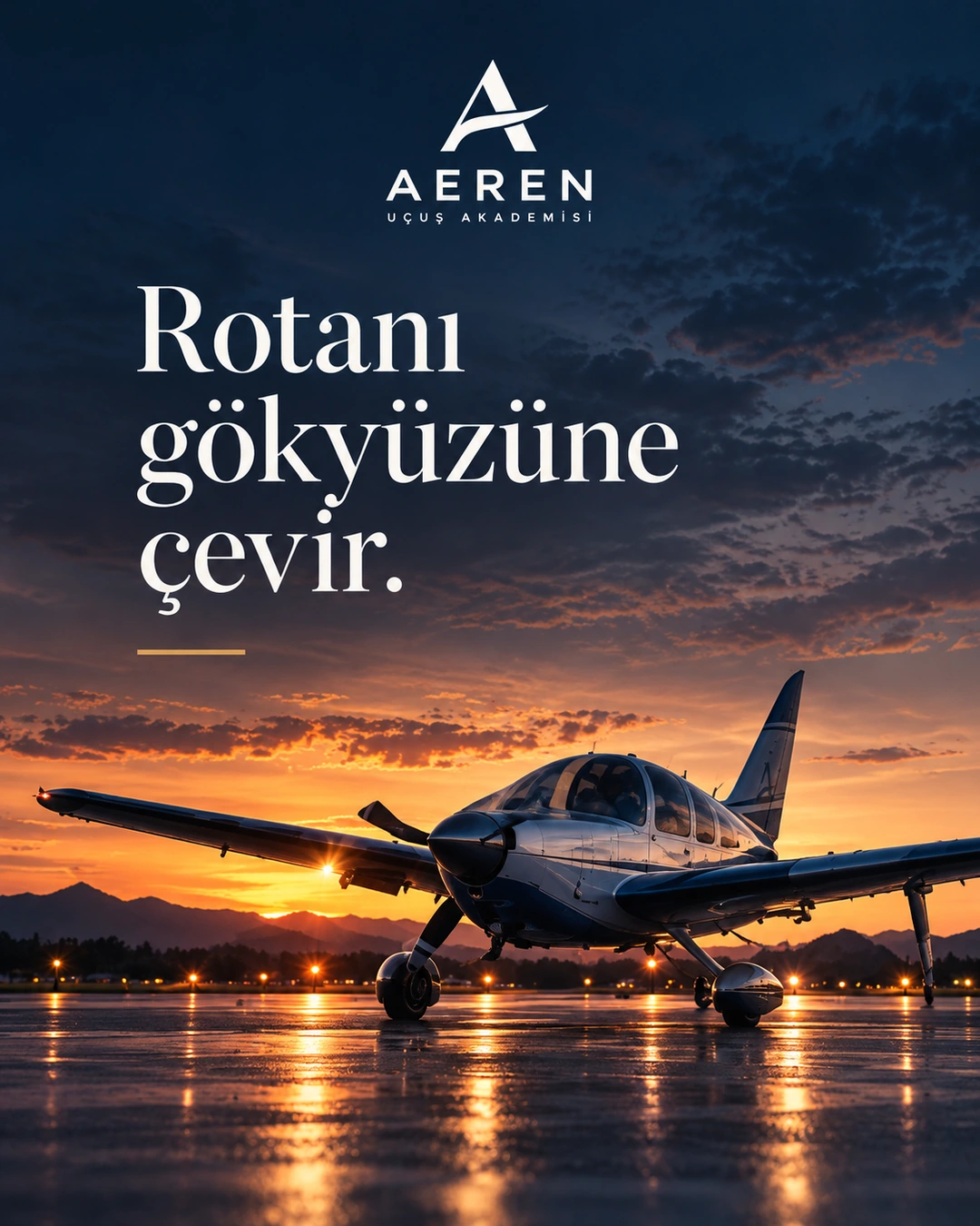 AEREN için gün batımında eğitim uçağını gösteren Rotanı gökyüzüne çevir başlıklı sosyal medya postu.