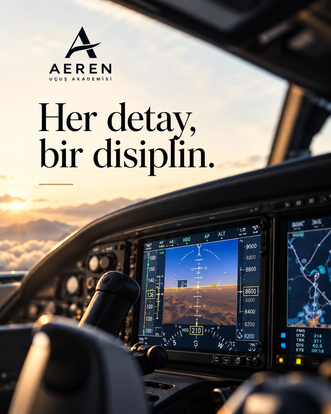 Kokpit göstergeleri üzerinde Her detay, bir disiplin başlığını taşıyan AEREN sosyal medya tasarımı.