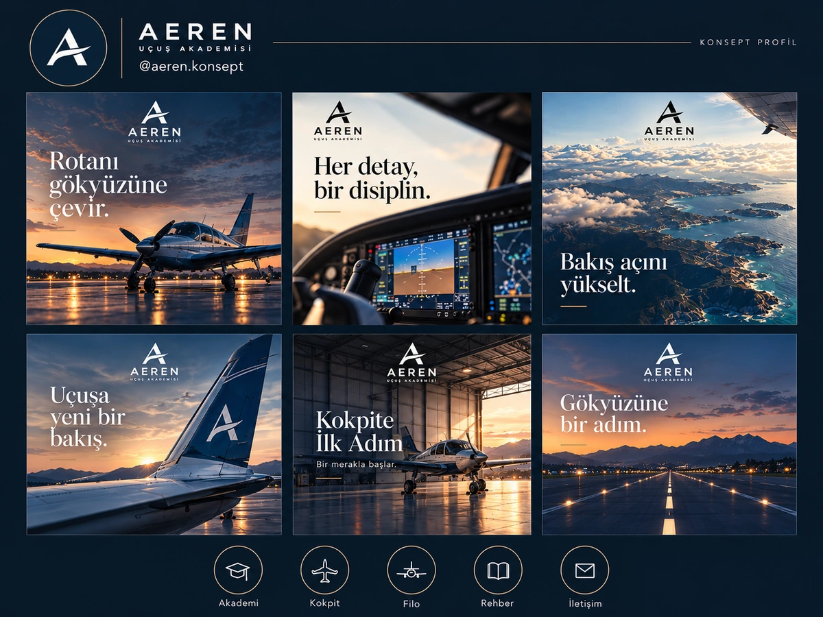 AEREN konsept profil sunumu: altı havacılık görseli ile Akademi, Kokpit, Filo, Rehber ve İletişim öne çıkan kapakları.