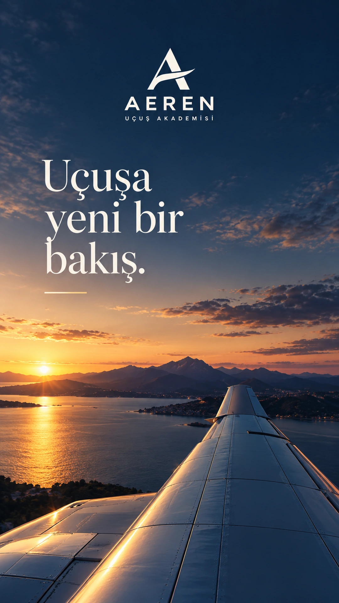 Gün batımında su ve dağların üzerinde uçak kanadıyla Uçuşa yeni bir bakış başlıklı AEREN story tasarımı.