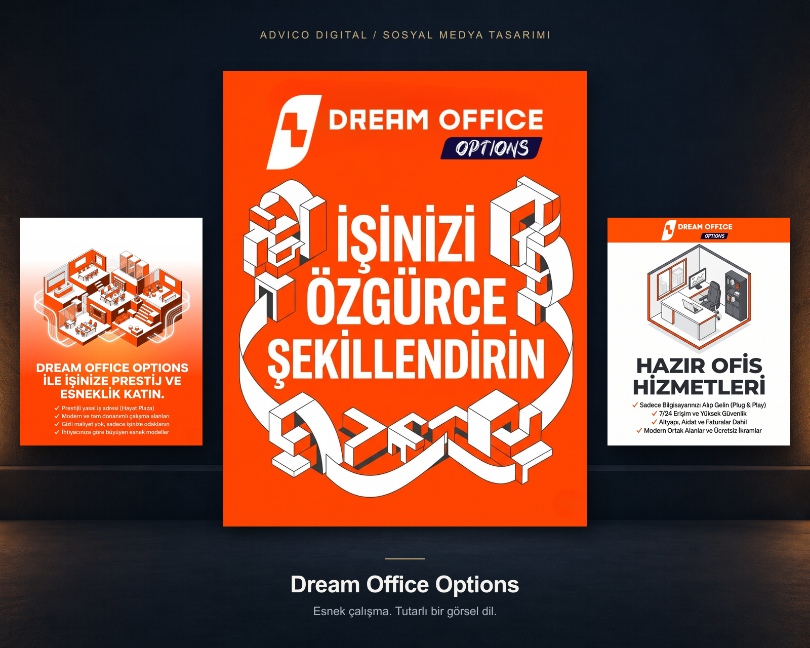 Dream Office Options sosyal medya portfolyosu: özgün turuncu marka tasarımı ve iki destek postu