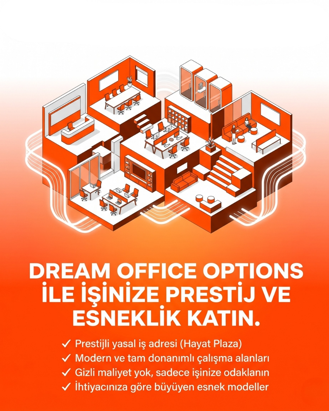 Dream Office Options çalışma alanlarını ve esnek ofis hizmetlerini gösteren izometrik sosyal medya tasarımı