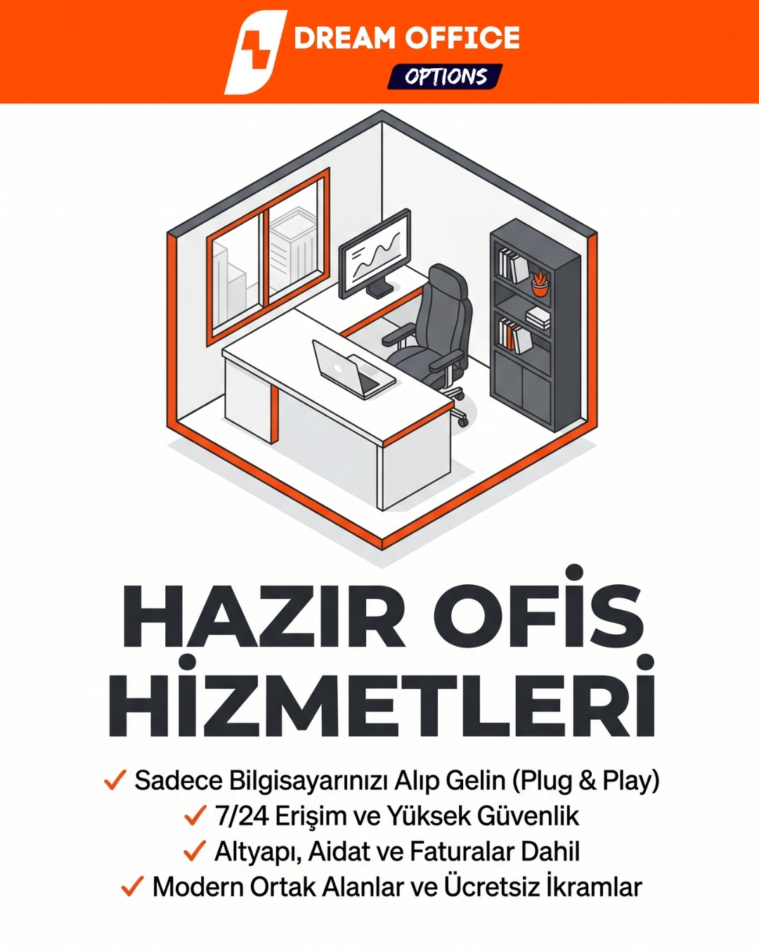 Dream Office Options hazır ofis hizmetlerini izometrik ofis illüstrasyonuyla anlatan sosyal medya tasarımı