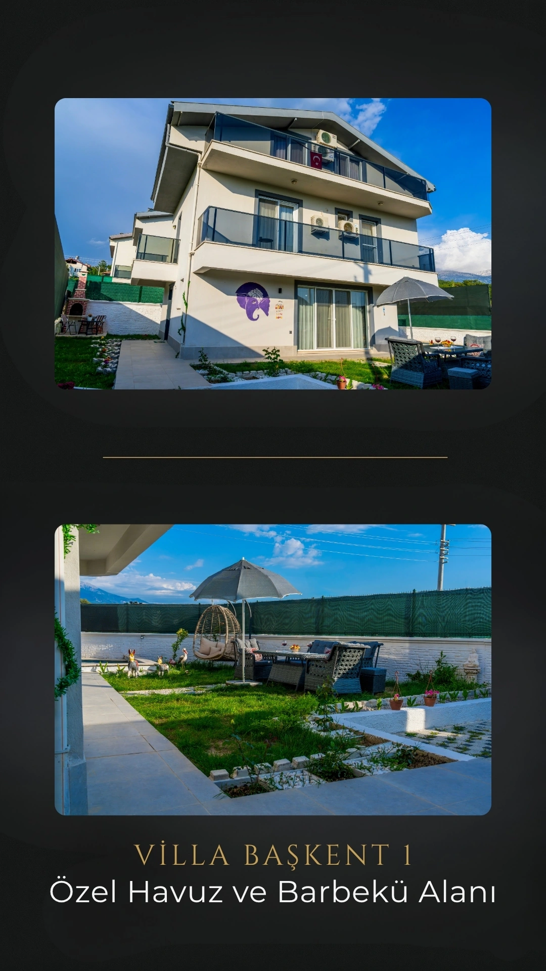 Villa Başkent 1’in dış cephe ve bahçe fotoğraflarını, özel havuz ve barbekü alanını gösteren story tasarımı