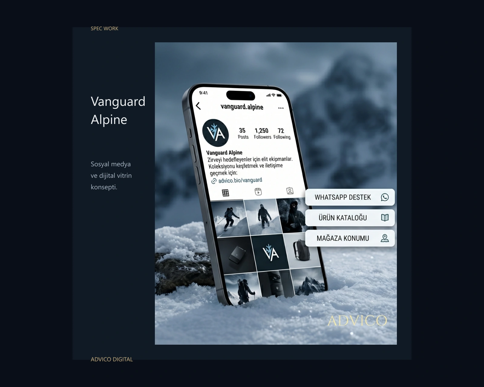 Vanguard Alpine için hazırlanan konsept sosyal medya profili ve dijital vitrin sunumu