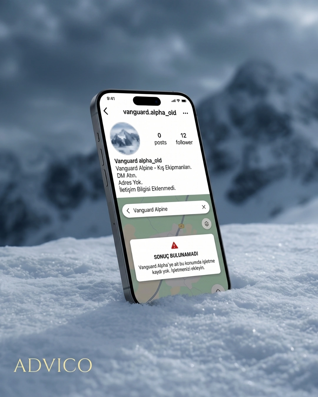 Vanguard Alpine konsept carousel’inde eski profil ve eksik işletme kaydının temsili sunumu