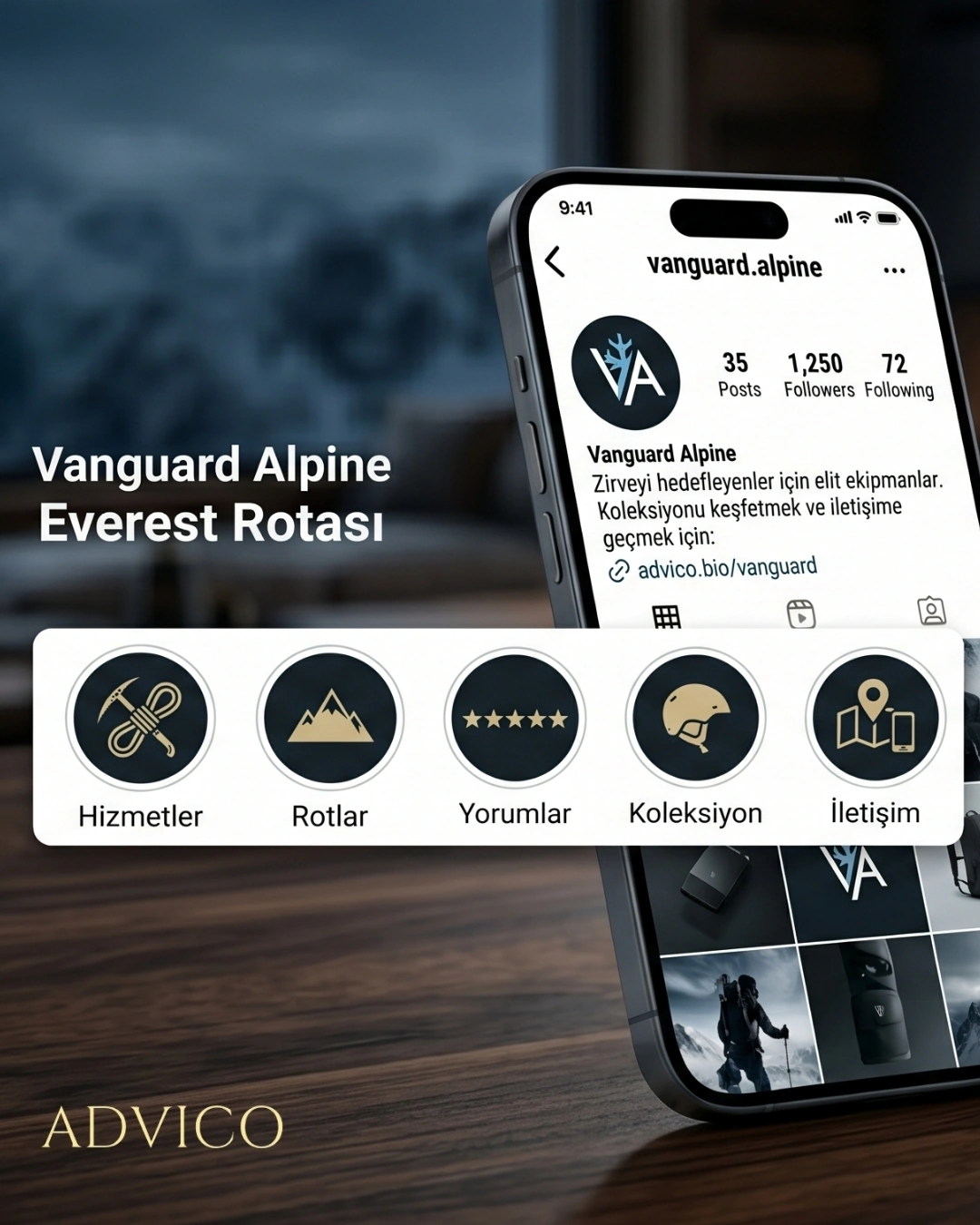 Vanguard Alpine konsept profilinde Hizmetler, Rotalar, Yorumlar, Koleksiyon ve İletişim öne çıkanları